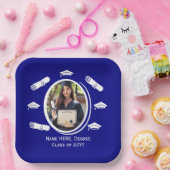 Elegante Foto Afstuderen Cap Diploma in Navy Blue Papieren Bordje (Feest)