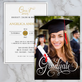 Elegante foto Afstuderen White Script Invitation Kaart
