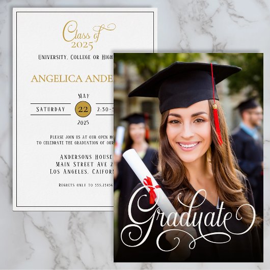 Elegante foto Afstuderen White Script Invitation Kaart