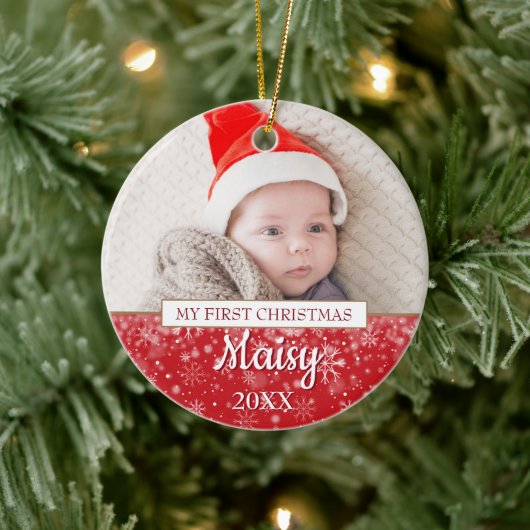 Elegante foto baby's eerste kerst script keramisch ornament (Boom)