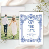 Elegante foto Barok Blauwe kolom bruiloft Save The Date