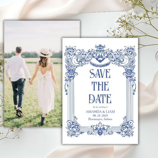 Elegante foto Barok Blauwe kolom bruiloft Save The Date