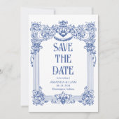 Elegante foto Barok Blauwe kolom bruiloft Save The Date (Voorkant)