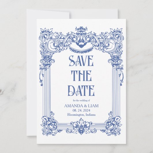 Elegante foto Barok Blauwe kolom bruiloft Save The Date (Voorkant)