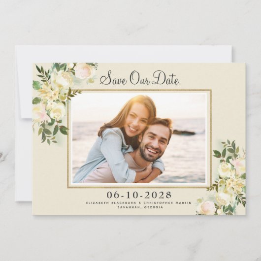 Elegante Foto Bewaar de Datum Gouden Lijst Bloemmo Save The Date (Voorkant)