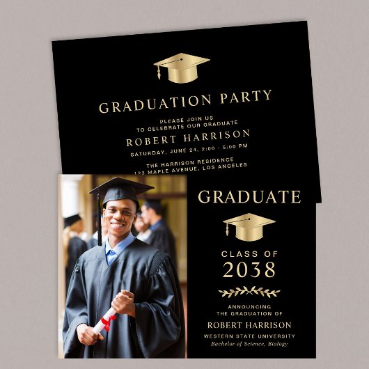 Elegante Foto Black Gold College Afstudeerfeest Kaart