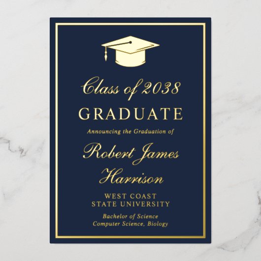 Elegante Foto Blauw Afstuderen Party Gold Folie Uitnodiging (Voorkant)