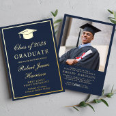 Elegante Foto Blauw Afstuderen Party Gold Folie Uitnodiging
