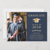 Elegante Foto Blauw Goud Folie College Afstuderen Aankondiging (Voorkant)