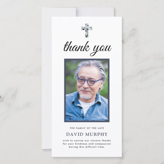 Elegante foto blauwe bloemige rouwkaart dank je we kaart (Voorkant)