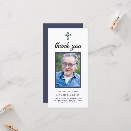 Elegante foto blauwe bloemige rouwkaart dank je we kaart (Voorkant / Achterkant in situ)