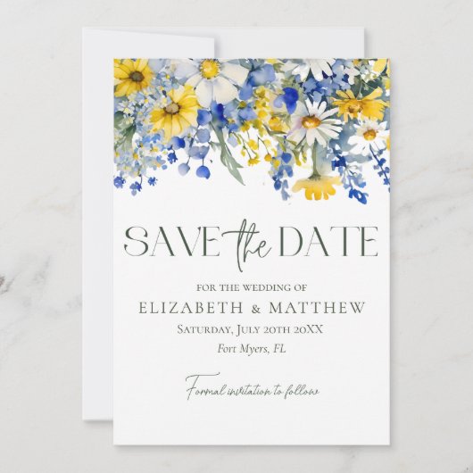 Elegante foto Blauwe Gele Wildbloemen Boho Bruilof Save The Date (Voorkant)