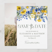 Elegante foto Blauwe Gele Wildbloemen Boho Bruilof Save The Date (Voorkant / Achterkant)