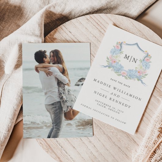 Elegante Foto Blauwe Monogram Save the Date 