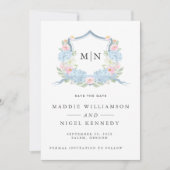 Elegante Foto Blauwe Monogram Save the Date (Voorkant)