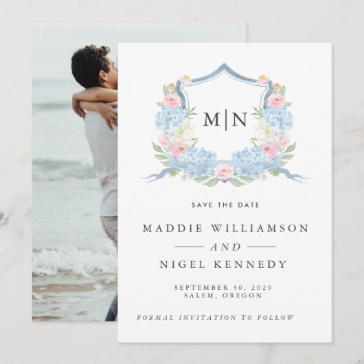 Elegante Foto Blauwe Monogram Save the Date (Voorkant / Achterkant)