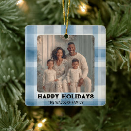 Elegante foto blauwe ruit kerstornament keramisch ornament