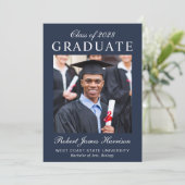 Elegante Foto Blauwe Universitaire Afstuderen Aankondiging (Staand voorkant)