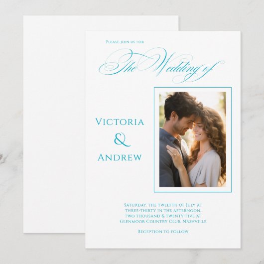 Elegante foto Blauwgroen moderne huwelijksuitnodig Kaart (Voorkant / Achterkant)