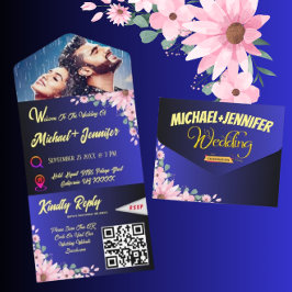 Elegante Foto Bloemen Blauw Tearaway Wedding All In One Uitnodiging