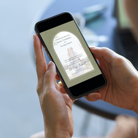 Elegante foto boog boho palm bladeren bruiloft kaart