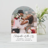 Elegante foto boog bruiloft receptie kaart (Staand voorkant)