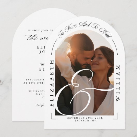 Elegante foto boog kalligrafie bruiloft kaart (Voorkant / Achterkant)