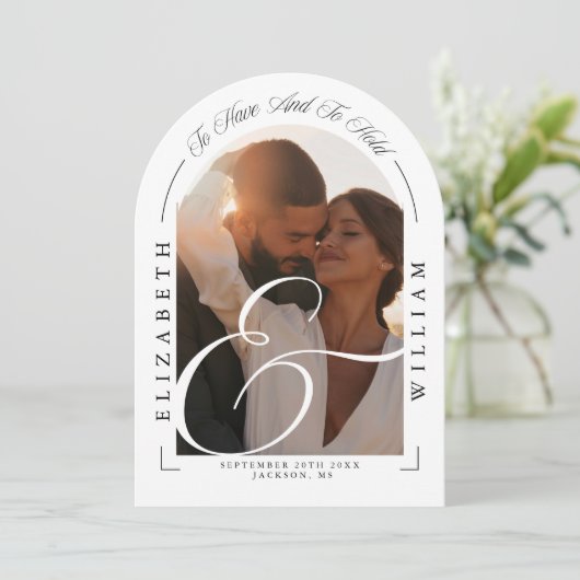 Elegante foto boog kalligrafie bruiloft kaart (Staand voorkant)