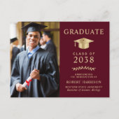 Elegante foto bordeauxrood goud universiteitsafstu aankondigingskaart (Voorkant)