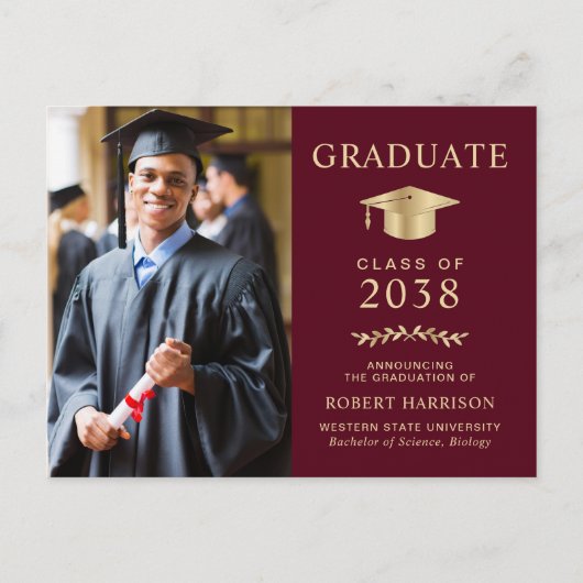 Elegante foto bordeauxrood goud universiteitsafstu aankondigingskaart (Voorkant)