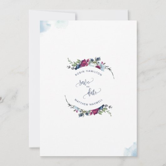 Elegante foto Bourgogne Berry Blauw krans bruiloft Save The Date (Achterkant)