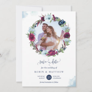 Elegante foto Bourgogne Berry Blauw krans bruiloft Save The Date