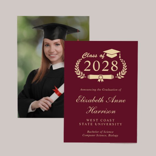 Elegante foto Bourgogne Gold College Afstuderen Aankondiging
