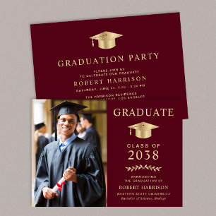 Elegante foto Bourgogne Gold Graduation Party Kaart