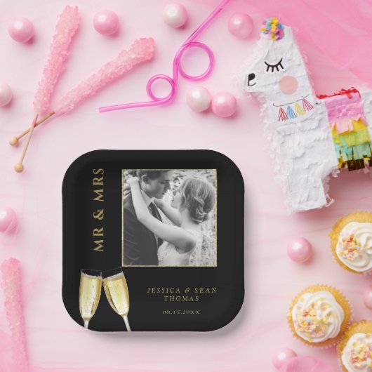 Elegante foto bruiloft champagne papieren bordje (Feest)