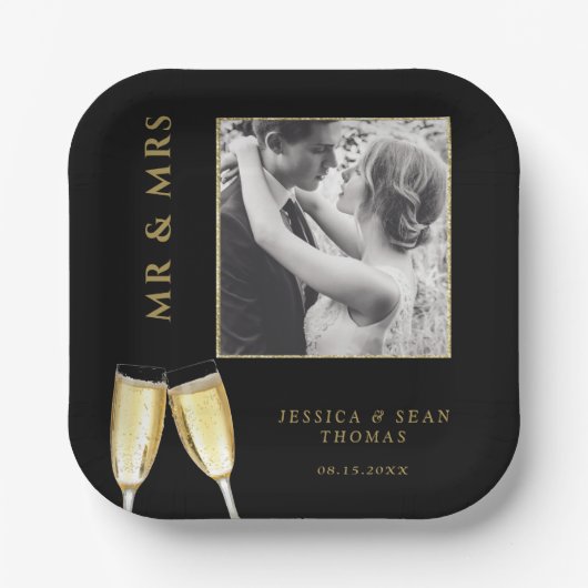 Elegante foto bruiloft champagne papieren bordje (Voorkant)