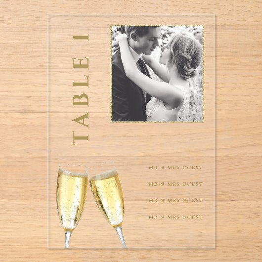 Elegante foto bruiloft champagne tafel nummer acryl uitnodigingen (Voorkant)