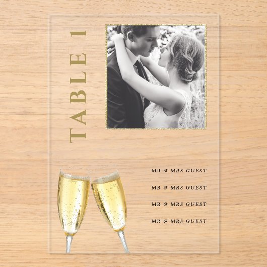 Elegante foto bruiloft champagne tafel nummer acryl uitnodigingen (Voorkant)
