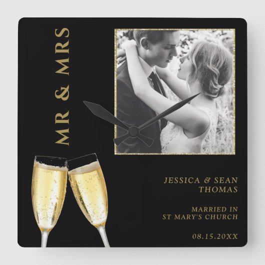 Elegante foto, bruiloft champagne vierkante klok (Voorkant)
