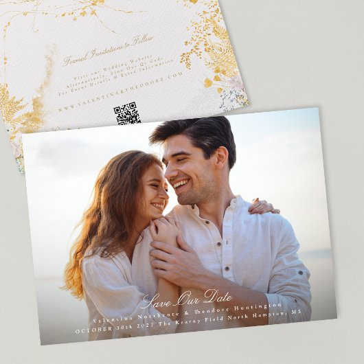 elegante foto bruiloft website QR code gouden bloe Save The Date