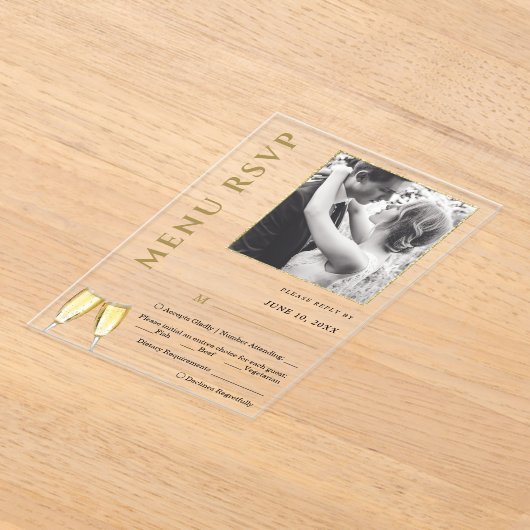 Elegante foto Champagne Trouwmenu RSVP Acryl Uitnodigingen (Laagn)