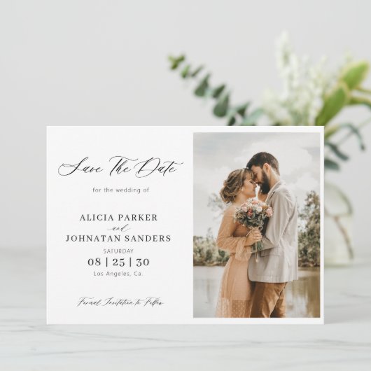 Elegante foto chique kalligrafie bruiloft save the date (Staand voorkant)