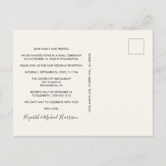 Elegante Foto Crème Trouwreceptie Aankondigingskaart (Achterkant)