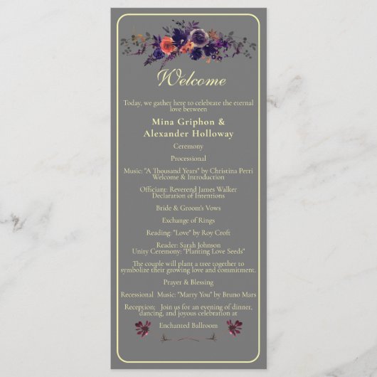 Elegante foto Donkere herfst bloemenbruiloft Programmakaart (Voorkant)
