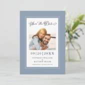 Elegante Foto Dusty Blue Save The Date Verlovingsk (Staand voorkant)