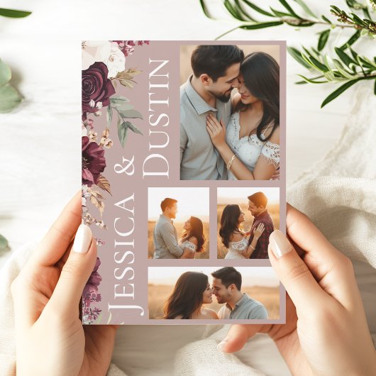 Elegante foto Dusty Roos Roze Bloemen bruiloft Kaart