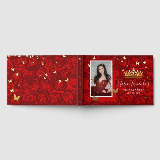 Elegante Foto Echte Gouden Folie en Rode Quinceane Gastenboek (Volledig)
