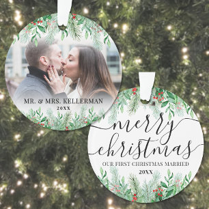 Elegante foto eerste kerst getrouwd ornament