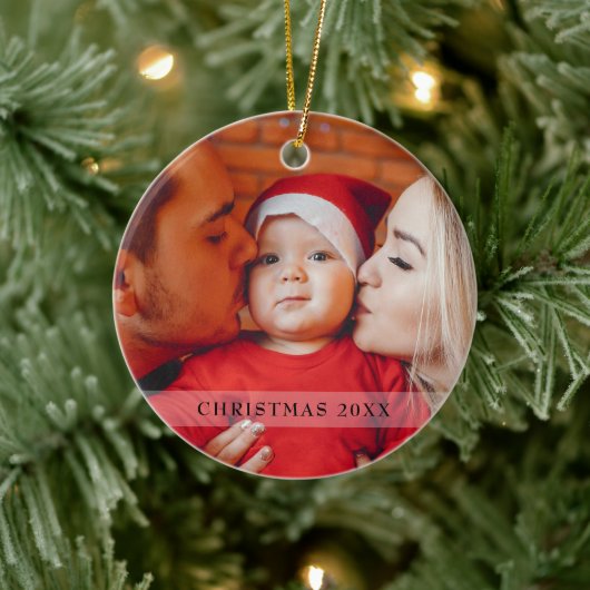 Elegante foto eerste kerst script typografie keramisch ornament (Boom)