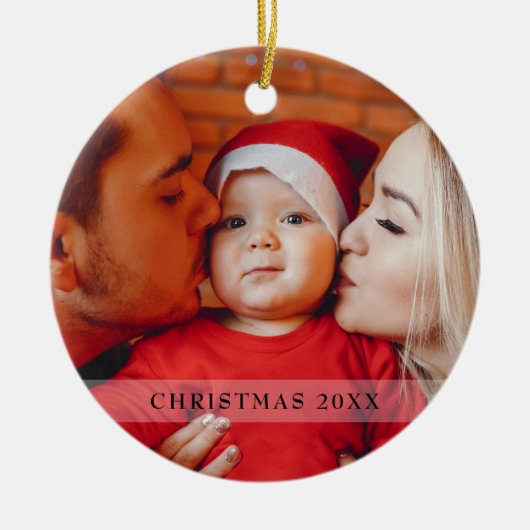 Elegante foto eerste kerst script typografie keramisch ornament (Voorkant)